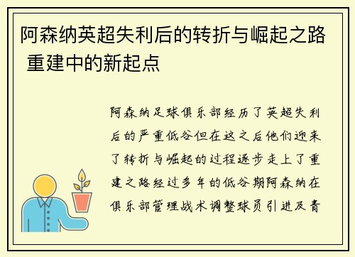 阿森纳英超失利后的转折与崛起之路 重建中的新起点