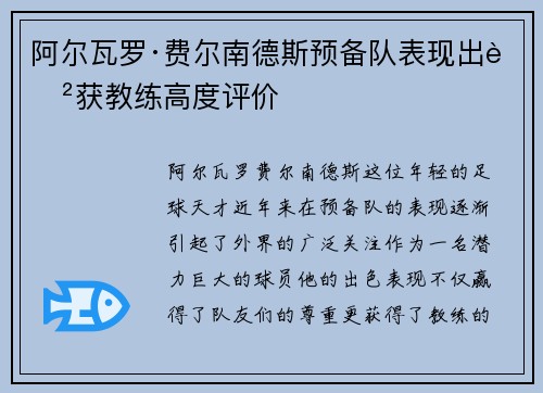 阿尔瓦罗·费尔南德斯预备队表现出色获教练高度评价